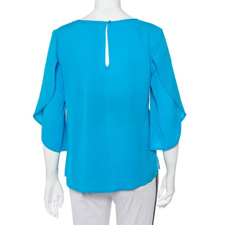 Pre Owned Diane Von Furstenberg  Blue Silk Tulip Sleeve Detail Nancy Top M