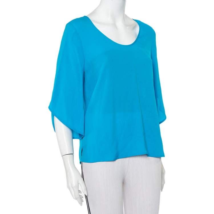 Pre Owned Diane Von Furstenberg  Blue Silk Tulip Sleeve Detail Nancy Top M