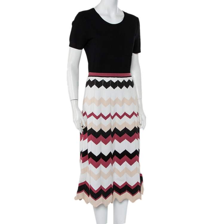Pre Owned Diane Von Furstenberg Black Knit Chevron Pattern Paneled Gaia Midi Dress M