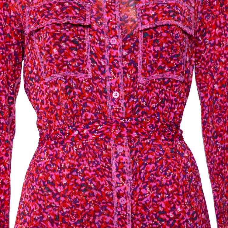 Pre Owned Diane Von Furstenberg Pink Floral Printed Mesh Button Front Belted Midi Dress M