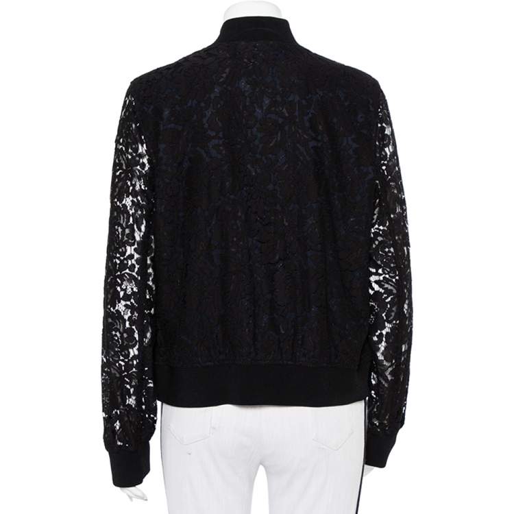 Pre Owned Diane Von Furstenberg  Black & Navy Blue Lace Kennadie Bomber Jacket L