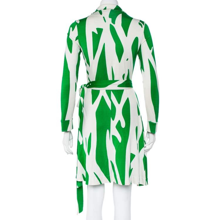 Pre Owned Diane Von Furstenberg Beige & Green Printed Silk Knit Collared Mini Wrap Dress L