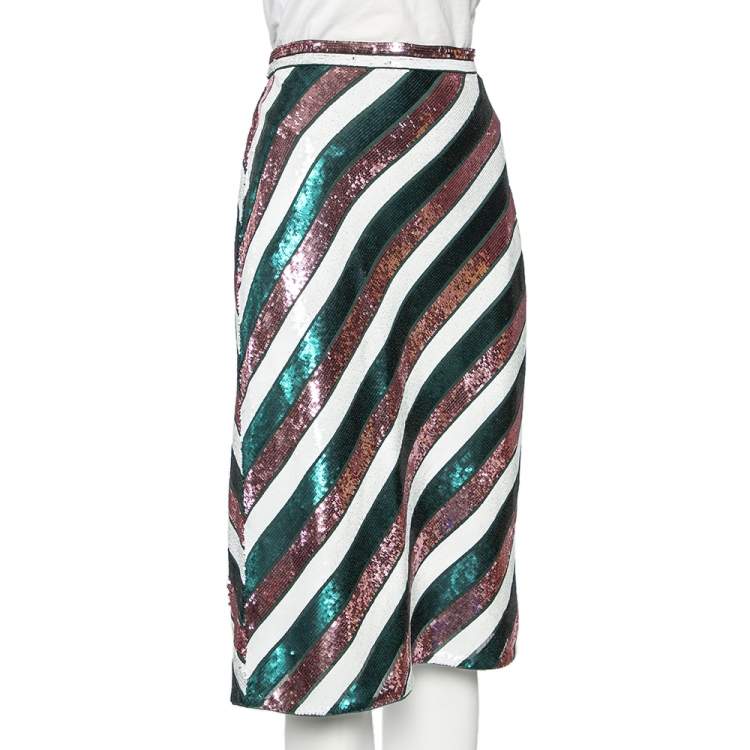 Pre Owned Diane Von Furstenberg Multicolor Striped Sequin Embellished Silk Skirt M