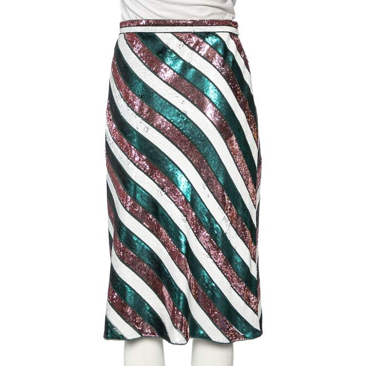 Pre Owned Diane Von Furstenberg Multicolor Striped Sequin Embellished Silk Skirt M