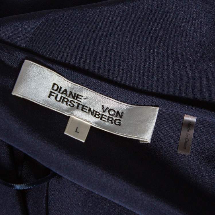 مملوكة مسبقًا Diane Von Furstenberg Midnight Blue Silk Asymmetric Hem Faux Wrap Eloise Dress L