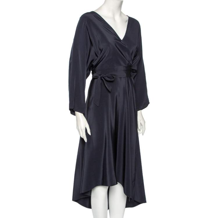 مملوكة مسبقًا Diane Von Furstenberg Midnight Blue Silk Asymmetric Hem Faux Wrap Eloise Dress L