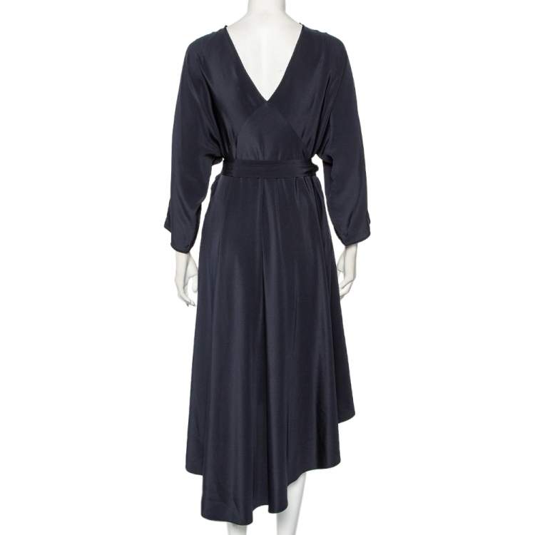مملوكة مسبقًا Diane Von Furstenberg Midnight Blue Silk Asymmetric Hem Faux Wrap Eloise Dress L