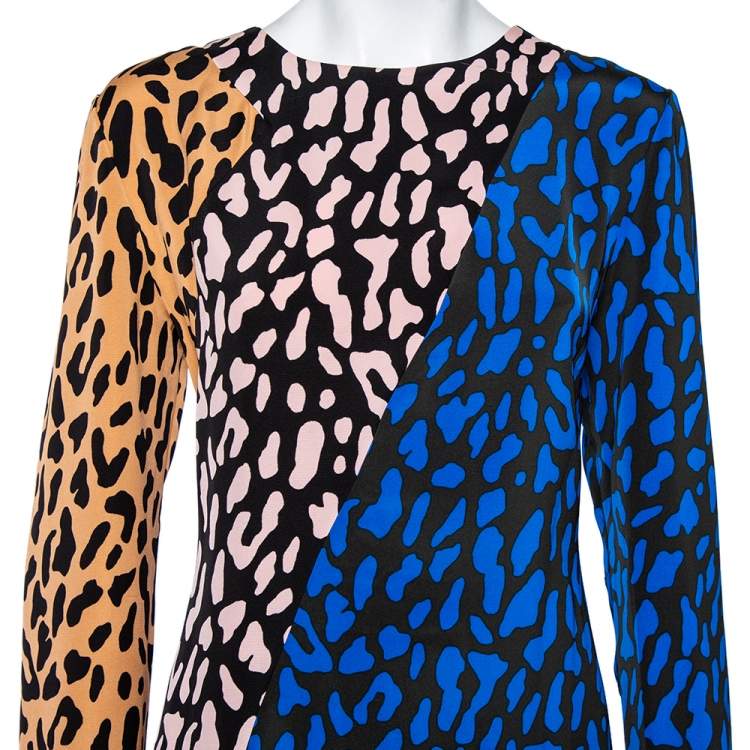 Pre Owned Diane Von Furstenberg Multicolor Animal Printed Crepe Paneled Shift Dress L