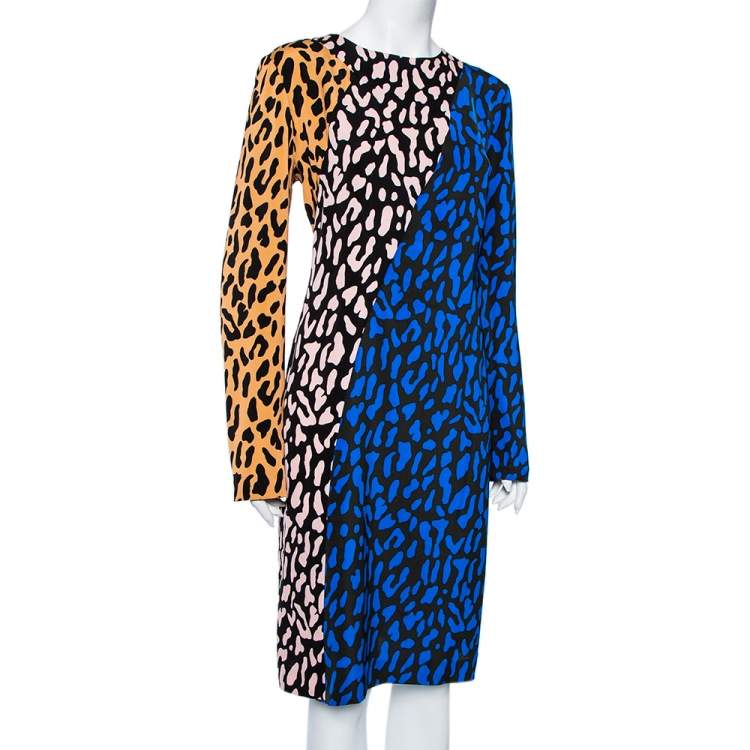 Pre Owned Diane Von Furstenberg Multicolor Animal Printed Crepe Paneled Shift Dress L
