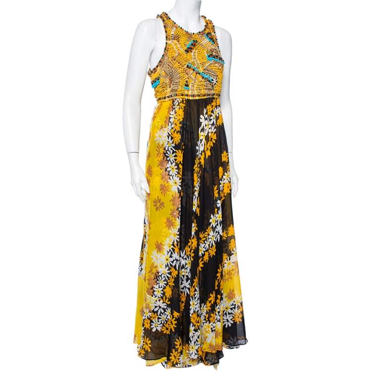 Pre Owned Diane Von Furstenberg Multicolor Cotton Beaded Macrame Yoke Detail Maxi Dress XL