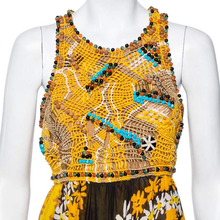 Pre Owned Diane Von Furstenberg Multicolor Cotton Beaded Macrame Yoke Detail Maxi Dress XL