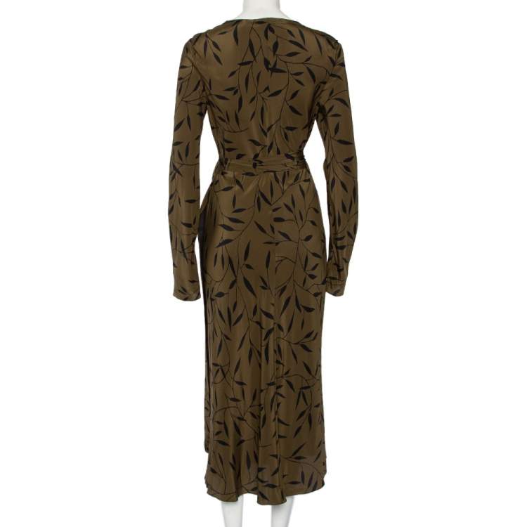 Pre Owned Diane Von Furstenberg Green Leaf Printed Silk Maxi Wrap Dress L