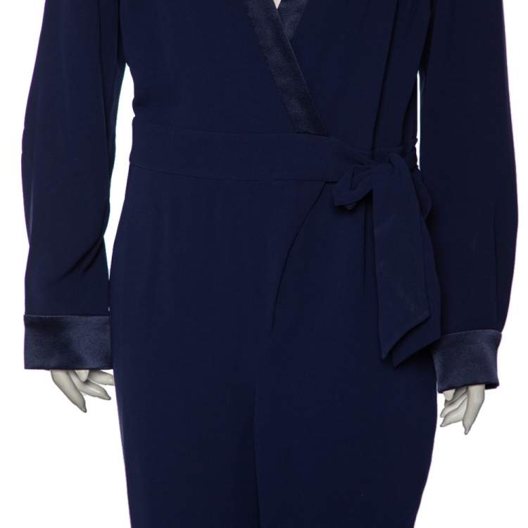 مملوكة مسبقًا Diane Von Furstenberg Navy Blue Crepe Wrap Detail Margot Jumpsuit L