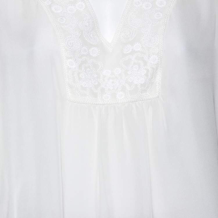 Pre Owned Diane Von Furstenberg White Silk Embroidered Neck Detail Maslyn Top M
