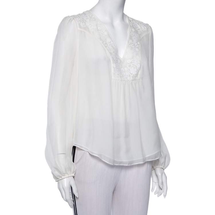 Pre Owned Diane Von Furstenberg White Silk Embroidered Neck Detail Maslyn Top M