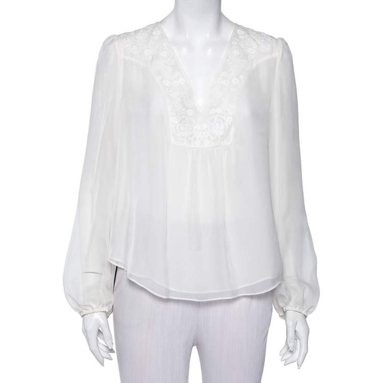 Pre Owned Diane Von Furstenberg White Silk Embroidered Neck Detail Maslyn Top M