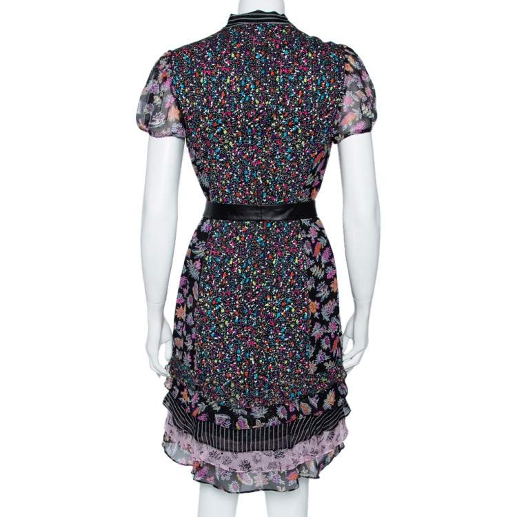Pre Owned Diane Von Furstenberg Black Multiprinted Silk Neck Tie Detail Belted Gypsy Dress M