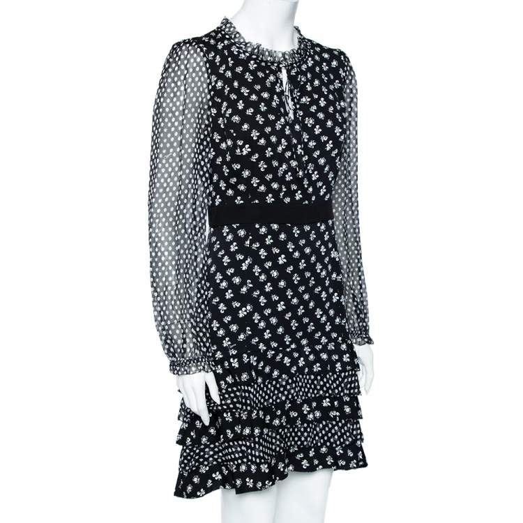 Pre Owned Diane Von Furstenberg Monochrome Floral Printed Silk Ruffle Detail Fionna Dress M