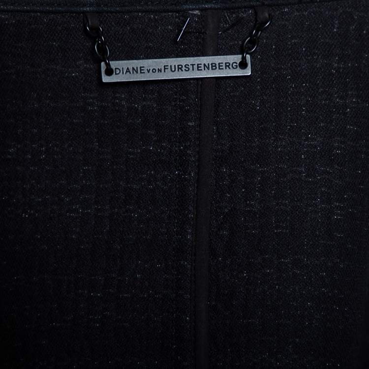 Pre Owned Diane Von Furstenberg Monochrome Tweed Zip Front Collarless Caity Jacket S