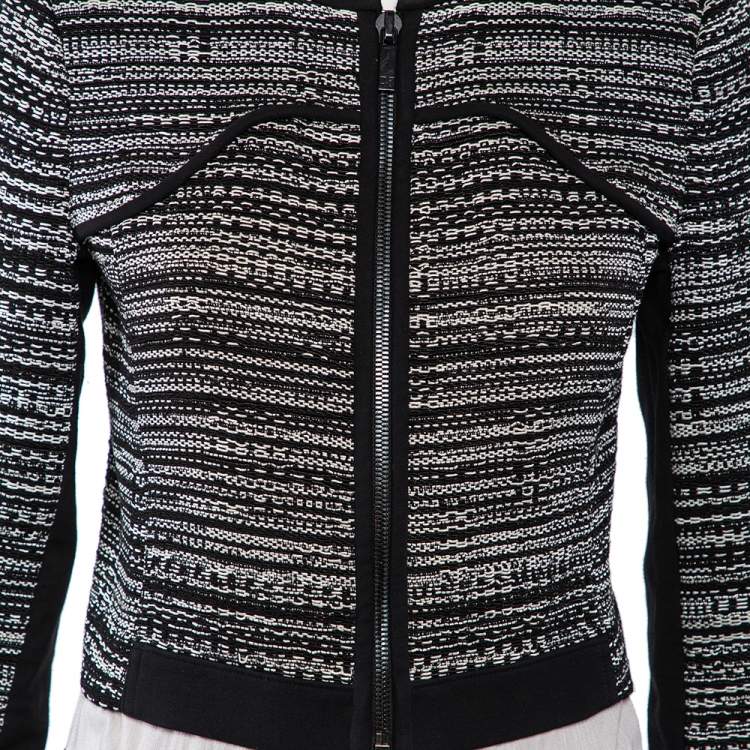Pre Owned Diane Von Furstenberg Monochrome Tweed Zip Front Collarless Caity Jacket S