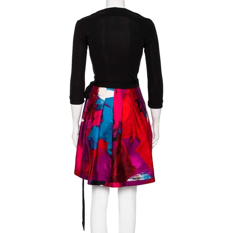 Pre Owned Diane Von Furstenberg Multicolor Wool & Knit Paneled Jewel Mini Wrap Dress XS