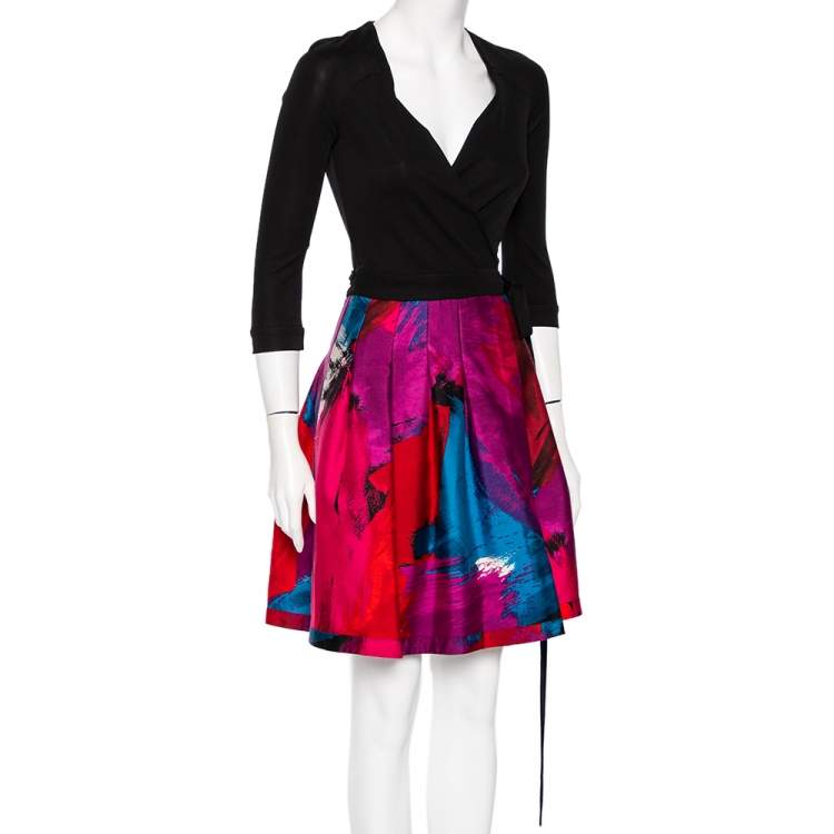Pre Owned Diane Von Furstenberg Multicolor Wool & Knit Paneled Jewel Mini Wrap Dress XS