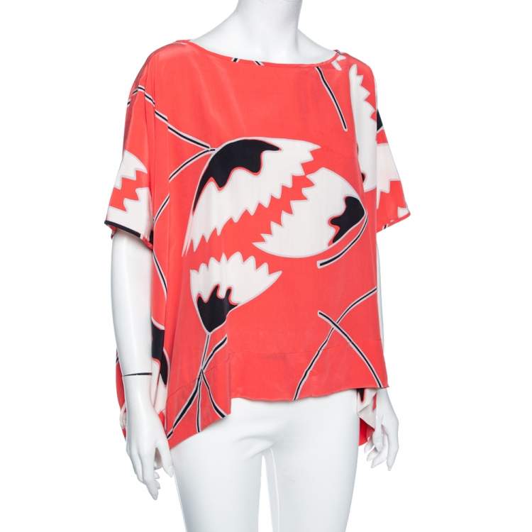 Pre Owned Diane Von Furstenberg Coral Floral Printed Silk Oversized Hanky Tunic S