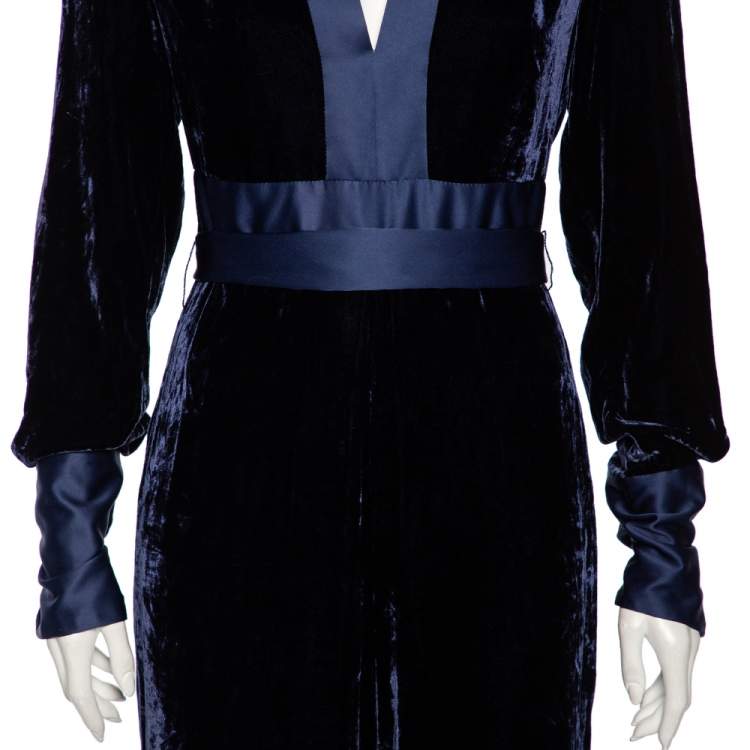 Pre Owned Diane Von Furstenberg Navy Blue Velvet Claude Satin-Trimmed Jumpsuit M