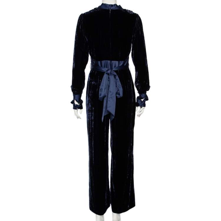 Pre Owned Diane Von Furstenberg Navy Blue Velvet Claude Satin-Trimmed Jumpsuit M