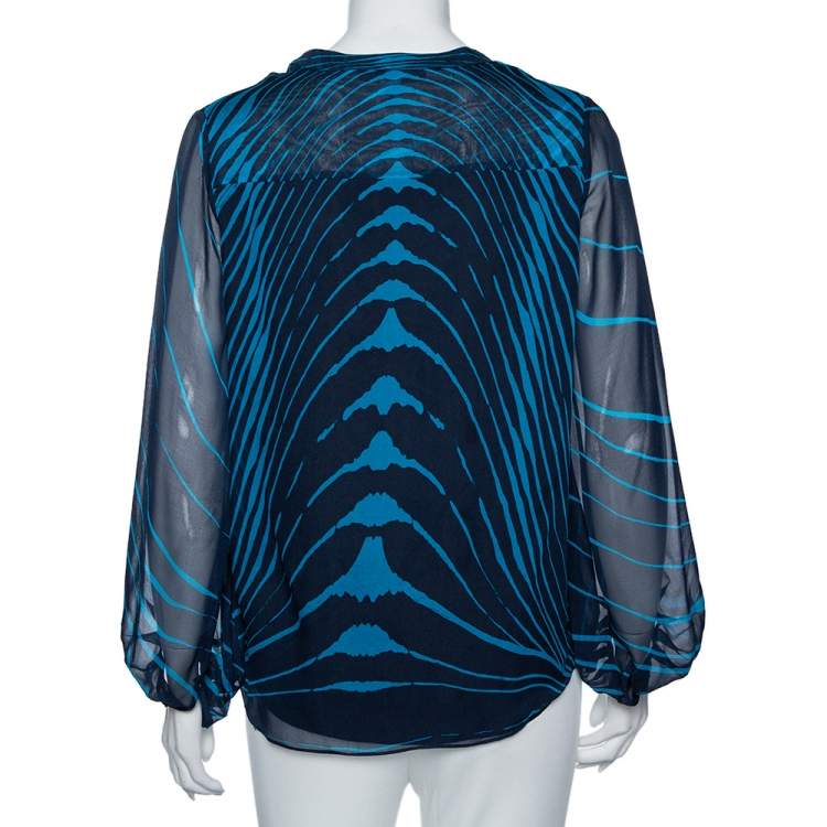 Pre Owned Diane Von Furstenberg Blue Tanyana Clean Print Silk Blouse M