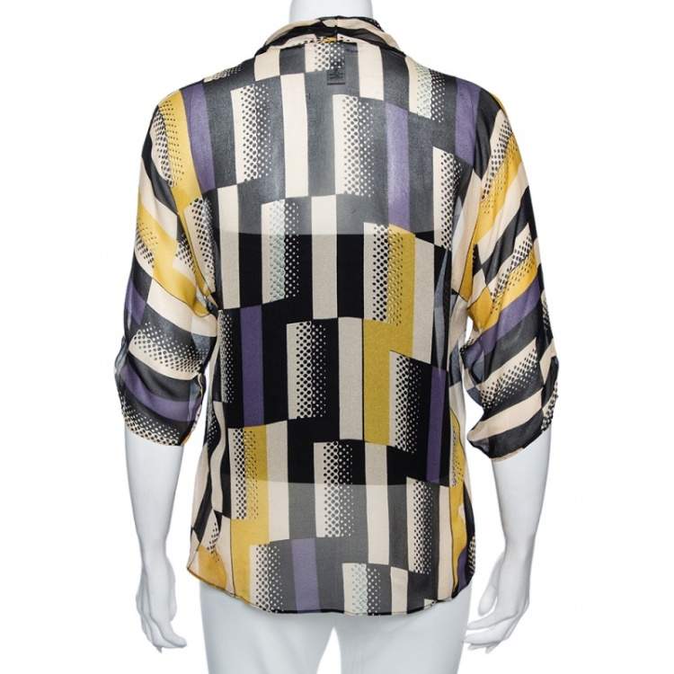 Pre Owned Diane Von Furstenberg Multicolored Geometric Print Silk Blouse M 