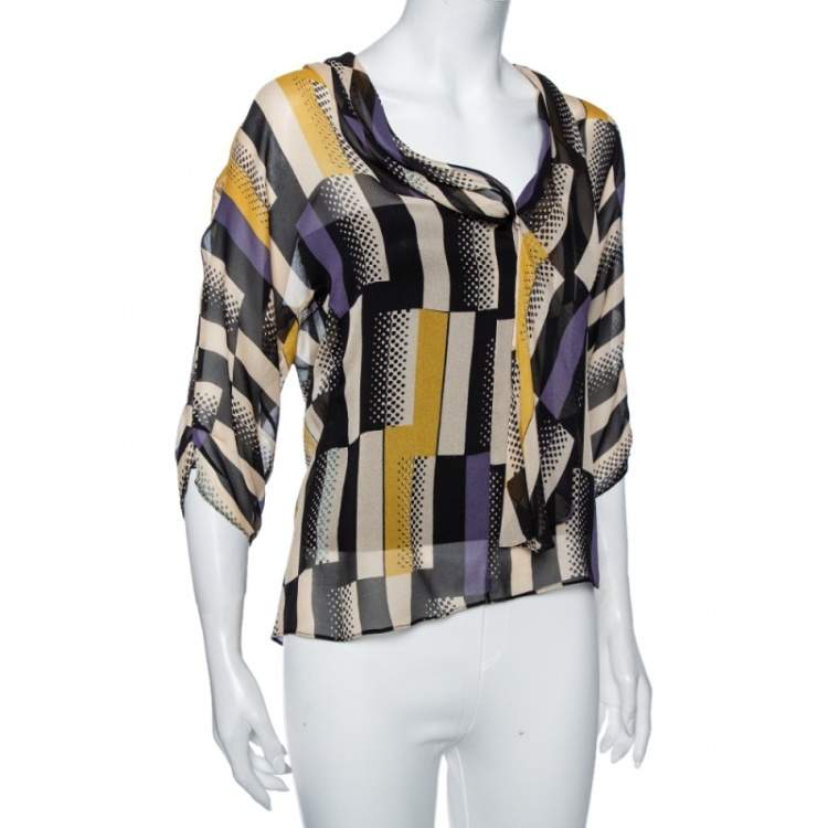 Pre Owned Diane Von Furstenberg Multicolored Geometric Print Silk Blouse M 