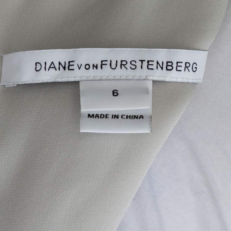 Pre Owned Diane Von Furstenberg Pale Grey & Cream Floral Embroidered Silk Sarita Dress M