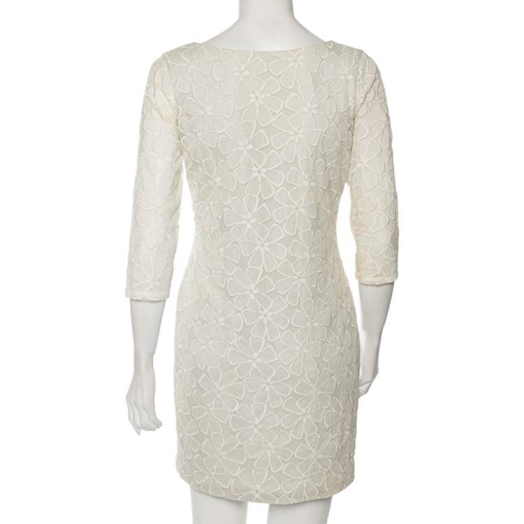 Pre Owned Diane Von Furstenberg Pale Grey & Cream Floral Embroidered Silk Sarita Dress M