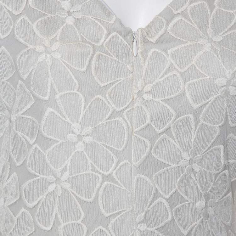 Pre Owned Diane Von Furstenberg Pale Grey & Cream Floral Embroidered Silk Sarita Dress M