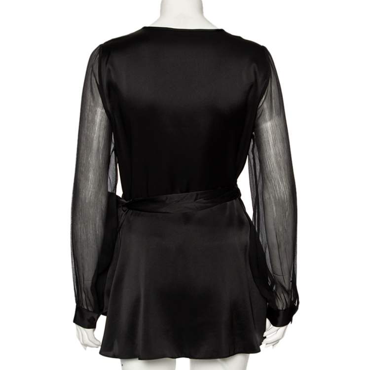 Pre Owned Diane von Furstenberg Black Satin Klee Sheer Sleeve Wrap Blouse M