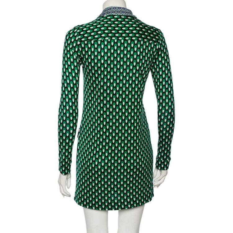 مملوكة مسبقًا Diane Von Furstenberg Green Silk Long Sleeve Mini Denny Dress S