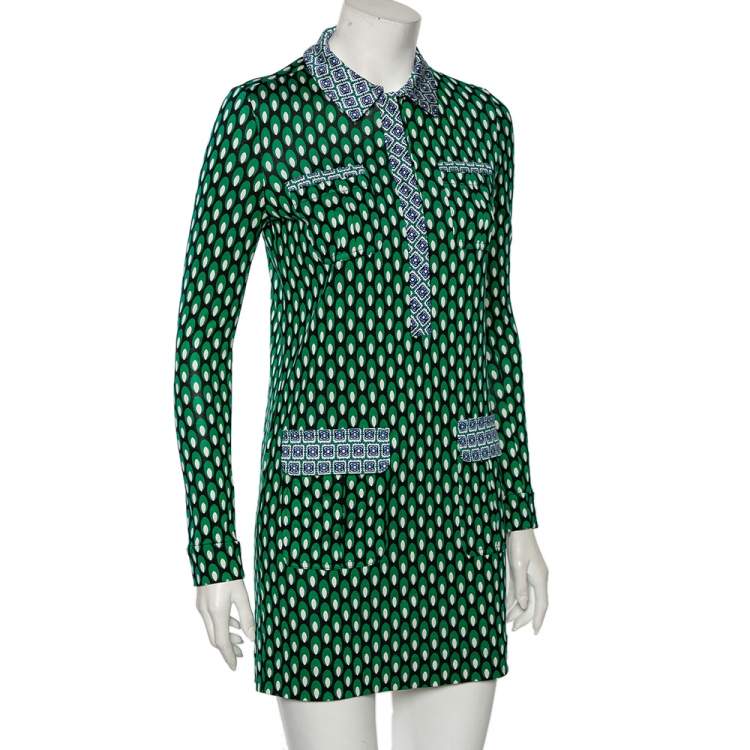 مملوكة مسبقًا Diane Von Furstenberg Green Silk Long Sleeve Mini Denny Dress S