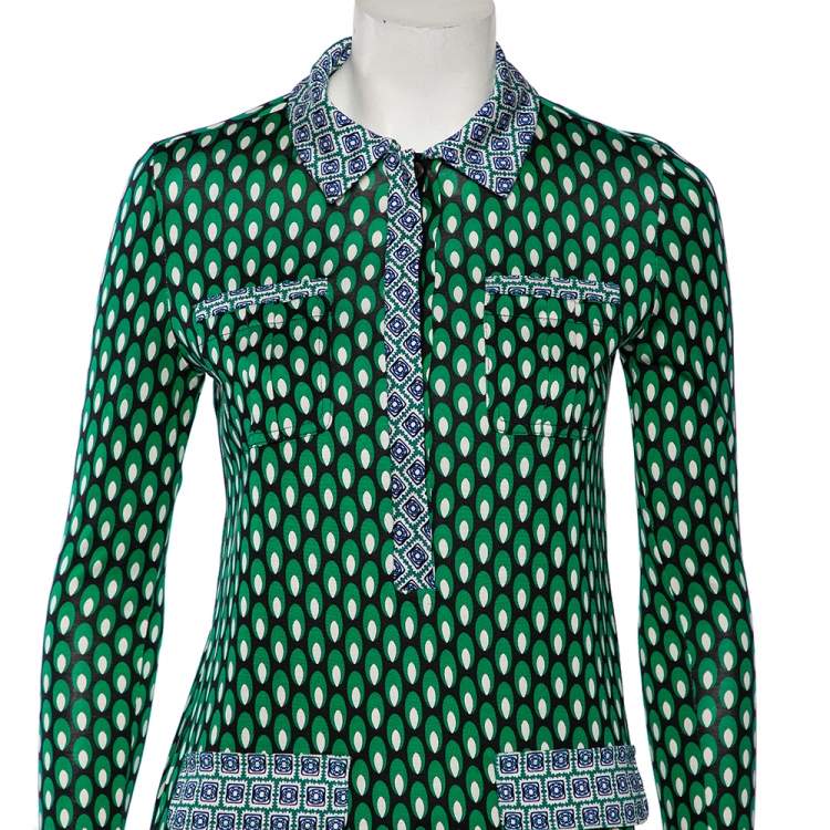 مملوكة مسبقًا Diane Von Furstenberg Green Silk Long Sleeve Mini Denny Dress S