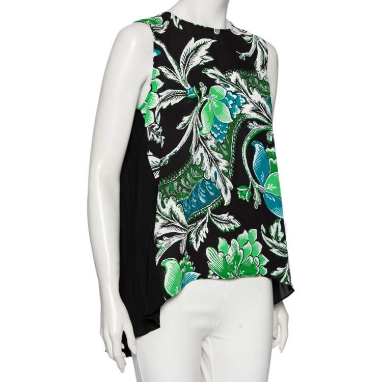 مملوكة مسبقًا Diane von Furstenberg Green & Black Floral Printed Georgette Silvie Blouse S