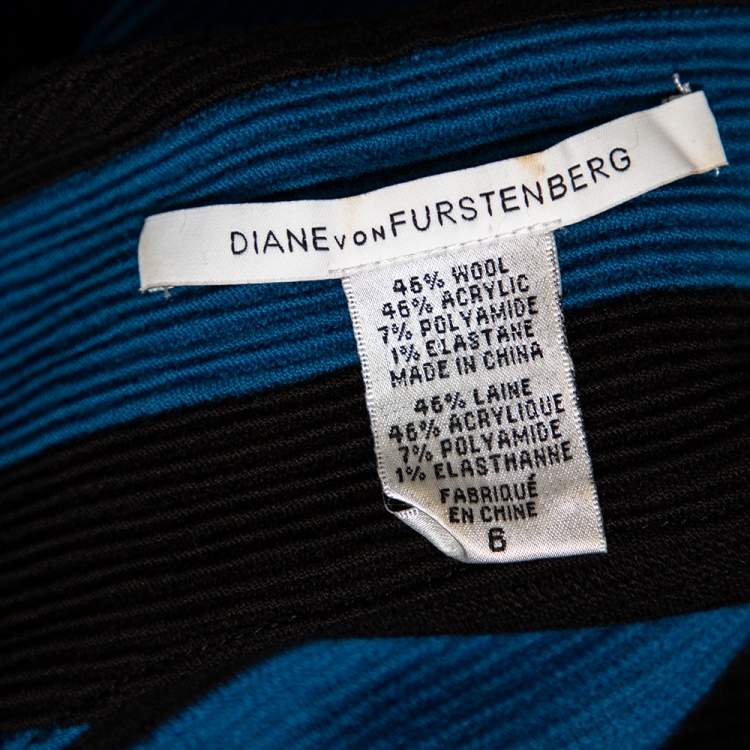 Pre Owned Diane von Furstenberg Blue-Black Striped Textured Wool Rigmora Dress M
