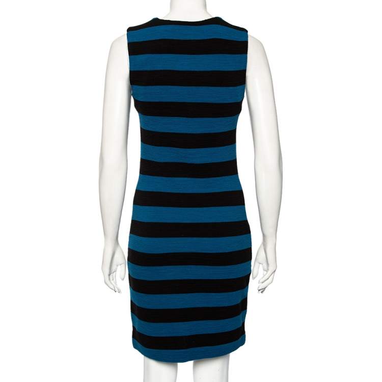 Pre Owned Diane von Furstenberg Blue-Black Striped Textured Wool Rigmora Dress M