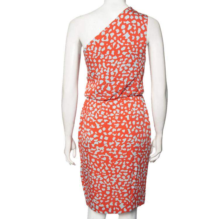 Pre Owned Diane von Furstenberg Pink Printed Silk One Shoulder Draped Agantha Dress S