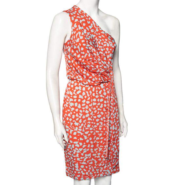 Pre Owned Diane von Furstenberg Pink Printed Silk One Shoulder Draped Agantha Dress S
