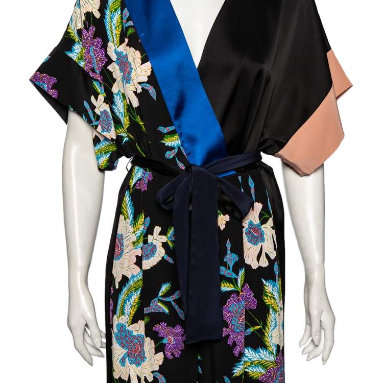 Pre Owned Diane von Furstenberg Black Floral Printed Silk Belted Jumpsuit M