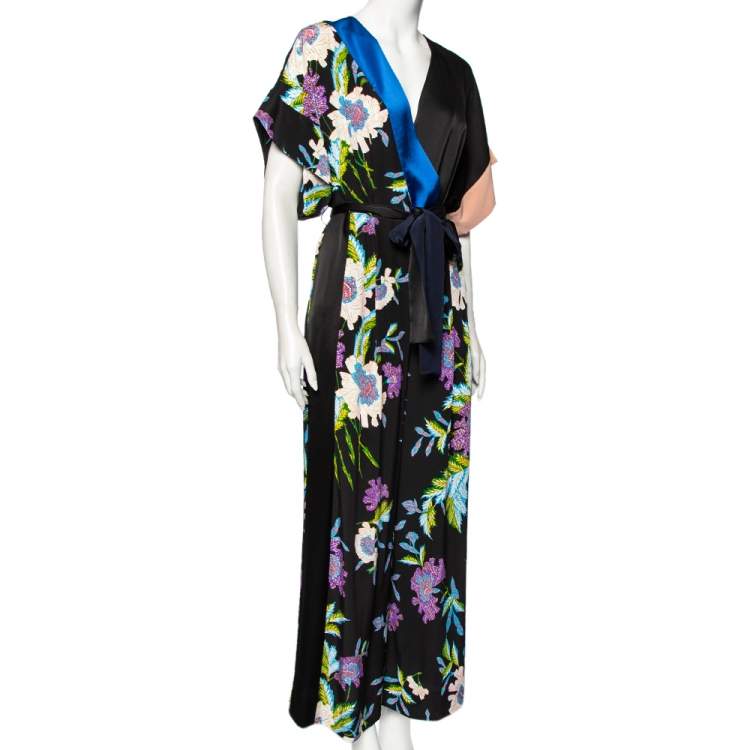 Pre Owned Diane von Furstenberg Black Floral Printed Silk Belted Jumpsuit M
