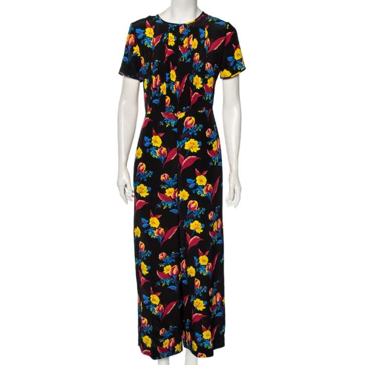 مملوكة مسبقًا Diane von Furstenberg Black Floral Printed Silk Pintuck Detail Jumpsuit M