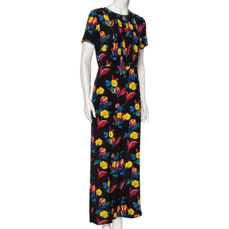 مملوكة مسبقًا Diane von Furstenberg Black Floral Printed Silk Pintuck Detail Jumpsuit M