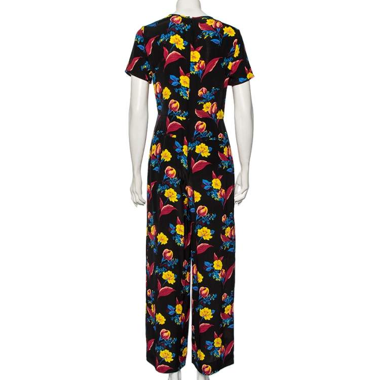 مملوكة مسبقًا Diane von Furstenberg Black Floral Printed Silk Pintuck Detail Jumpsuit M