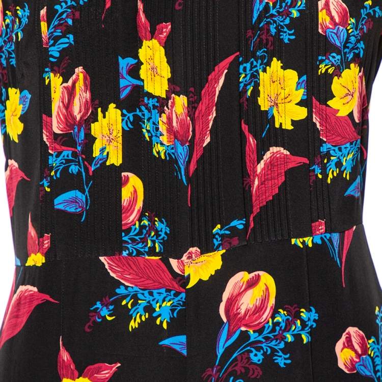 مملوكة مسبقًا Diane von Furstenberg Black Floral Printed Silk Pintuck Detail Jumpsuit M